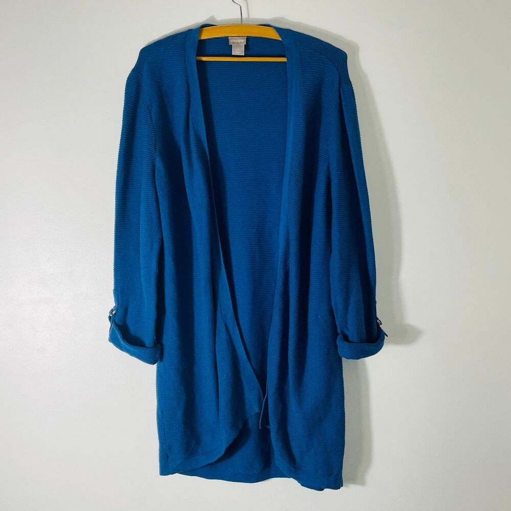 Chico’s Open Blue Ribbed Cardigan/Duster w Rolled Sleeves Size Chico’s 2 (L)